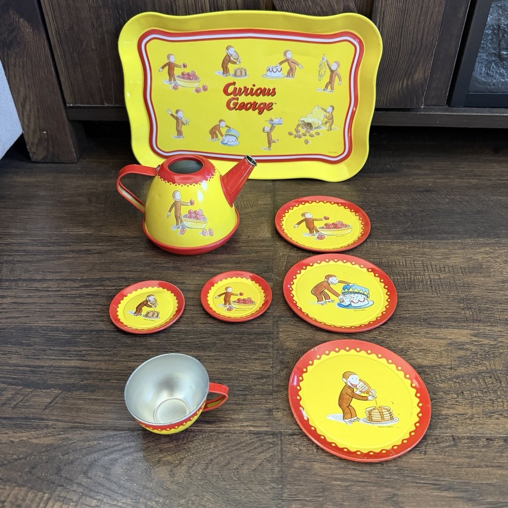 Schylling Curious George 8 Piece Tin Tea Set Tray Cup Saucers Plates Tea Pot VTG